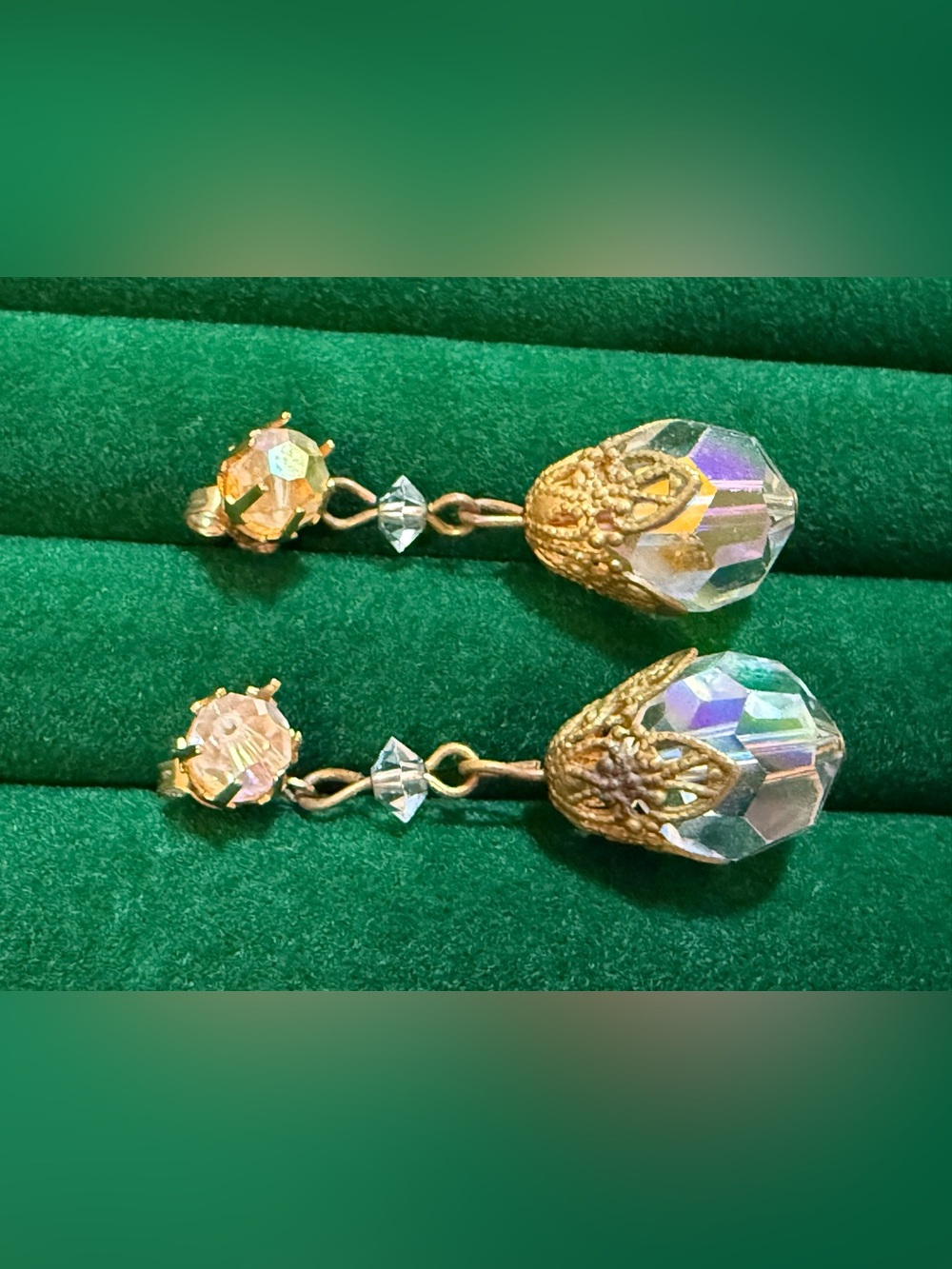 Vintage AB Aurora Borealis Art Deco SGold-Tone Crystal Drop Earrings - Iridescen